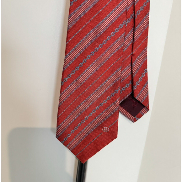 GUCCU Silk Linen Red Blue Stripe Horsebit Men's Tie Necktie Vintage GG Logo - Picture 1 of 6